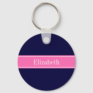 Solid Navy Blue Hot Pink #2 Ribbon Name Monogram Key Ring