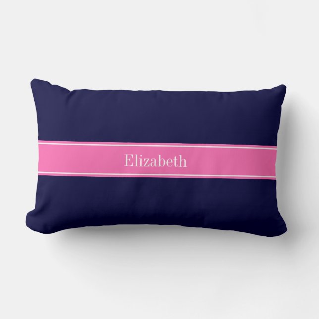 Solid Navy Blue Hot Pink #2 Ribbon Name Monogram Lumbar Cushion (Front)