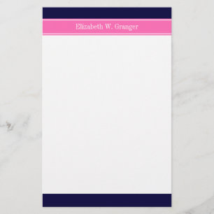 Solid Navy Blue Hot Pink #2 Ribbon Name Monogram Stationery