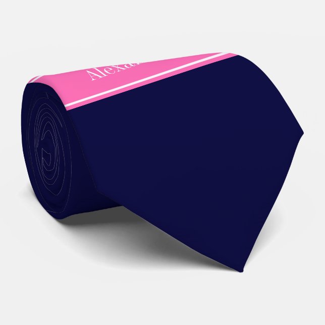 Solid Navy Blue Hot Pink #2 Ribbon Name Monogram Tie (Rolled)