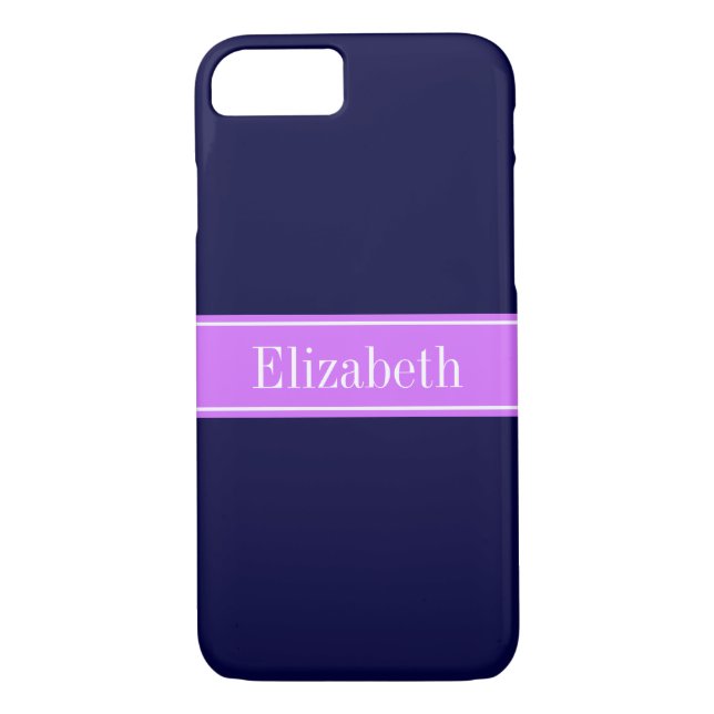Solid Navy Blue, Lilac Ribbon Name Monogram Case-Mate iPhone Case (Back)