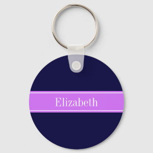Solid Navy Blue, Lilac Ribbon Name Monogram Key Ring