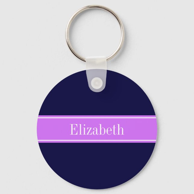 Solid Navy Blue, Lilac Ribbon Name Monogram Key Ring (Front)