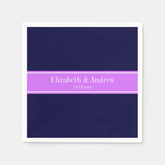 Solid Navy Blue, Lilac Ribbon Name Monogram Napkin (Front)