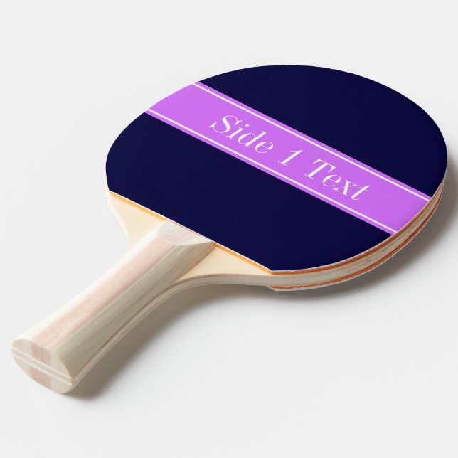 Solid Navy Blue, Lilac Ribbon Name Monogram Ping Pong Paddle (Front Angle)