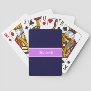 Solid Navy Blue, Lilac Ribbon Name Monogram Playing Cards