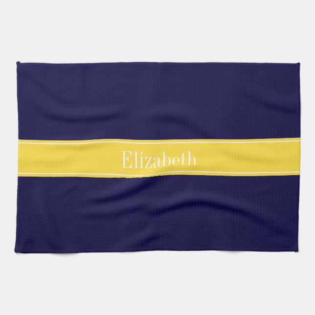 Solid Navy Blue, Pineapple Ribbon Name Monogram Tea Towel (Horizontal)