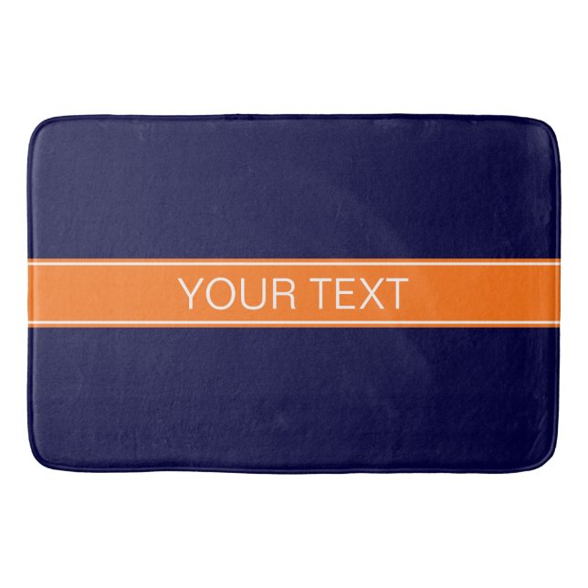 Solid Navy Blue, Pumpkin Ribbon Name Monogram Bath Mat (Front)