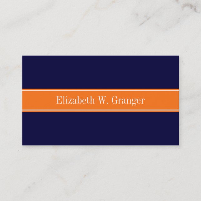 Solid Navy Blue, Pumpkin Ribbon Name Monogram Business Card (Front)