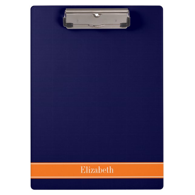 Solid Navy Blue, Pumpkin Ribbon Name Monogram Clipboard (Front)