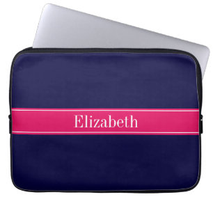 Solid Navy Blue, Raspberry Ribbon Name Monogram Laptop Sleeve