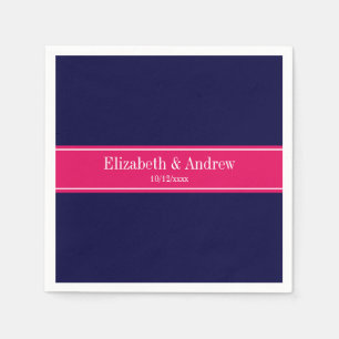 Solid Navy Blue, Raspberry Ribbon Name Monogram Napkin