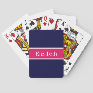 Solid Navy Blue, Raspberry Ribbon Name Monogram Playing Cards