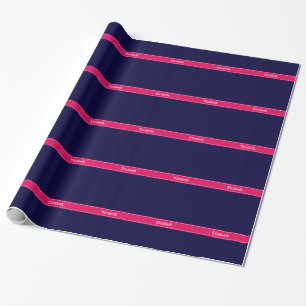 Solid Navy Blue, Raspberry Ribbon Name Monogram Wrapping Paper