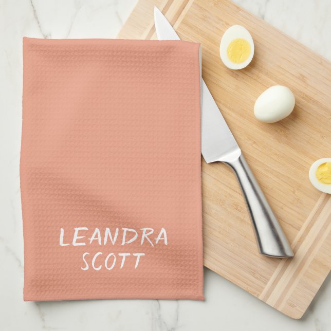 Solid peach coral minimalist personalised tea towel (Quarter Fold)