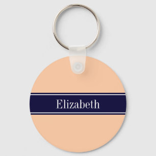 Solid Peach, Navy Blue Ribbon Name Monogram Key Ring
