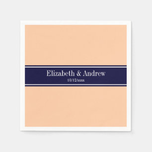 Solid Peach, Navy Blue Ribbon Name Monogram Napkin