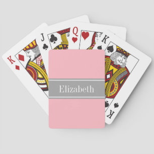 Solid Pink, Dark Gray Ribbon Name Monogram Playing Cards