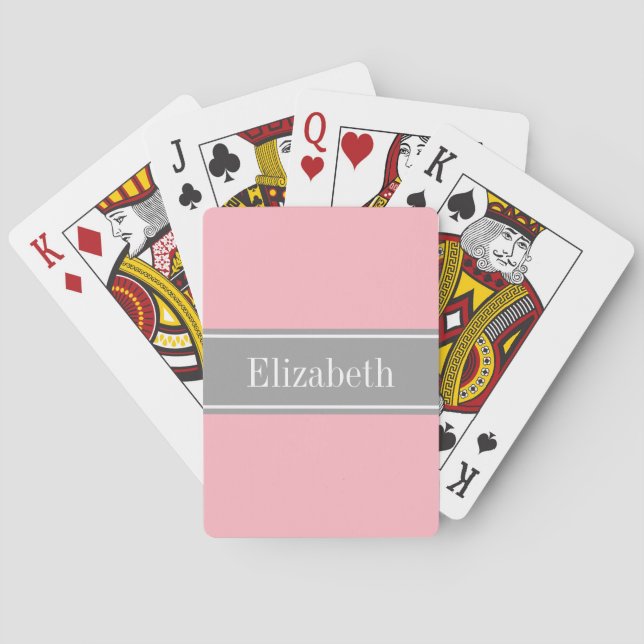 Solid Pink, Dark Gray Ribbon Name Monogram Playing Cards (Back)