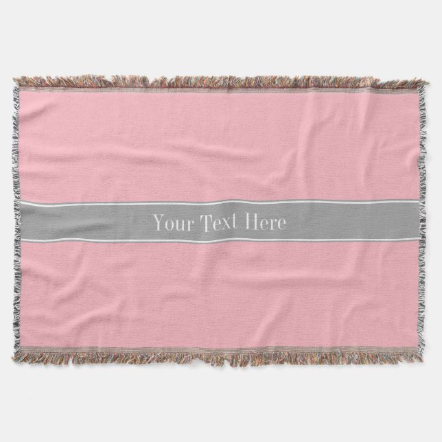 Solid Pink, Dark Grey Ribbon Name Monogram Throw Blanket (Front)