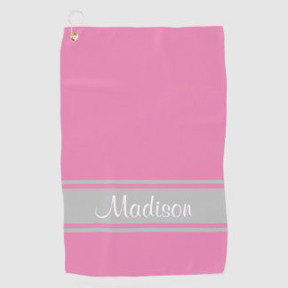 Solid Pink Grey Stripes Script Name Golf Towel