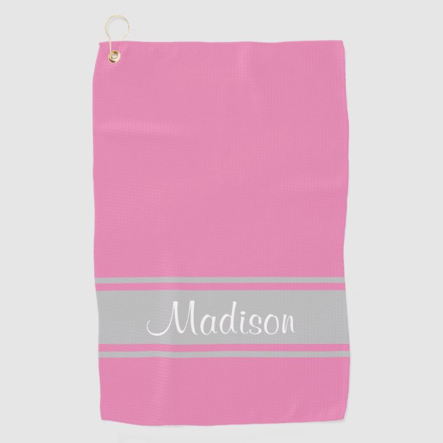 Solid Pink Grey Stripes Script Name Golf Towel (Front)
