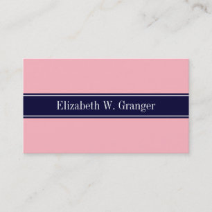 Solid Pink, Navy Blue Ribbon Name Monogram Business Card