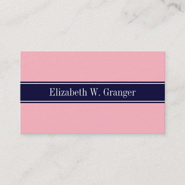 Solid Pink, Navy Blue Ribbon Name Monogram Business Card (Front)