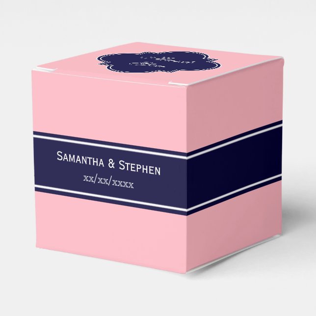 Solid Pink, Navy Blue Ribbon Name Monogram Favour Box (Front Side)