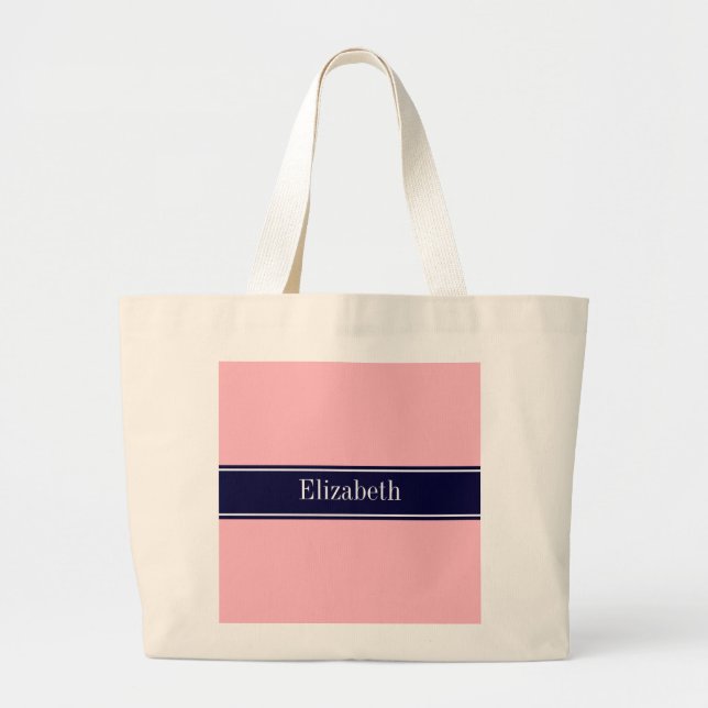 Solid Pink, Navy Blue Ribbon Name Monogram Large Tote Bag (Front)