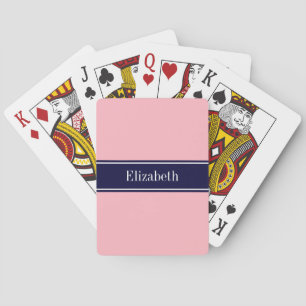 Solid Pink, Navy Blue Ribbon Name Monogram Playing Cards