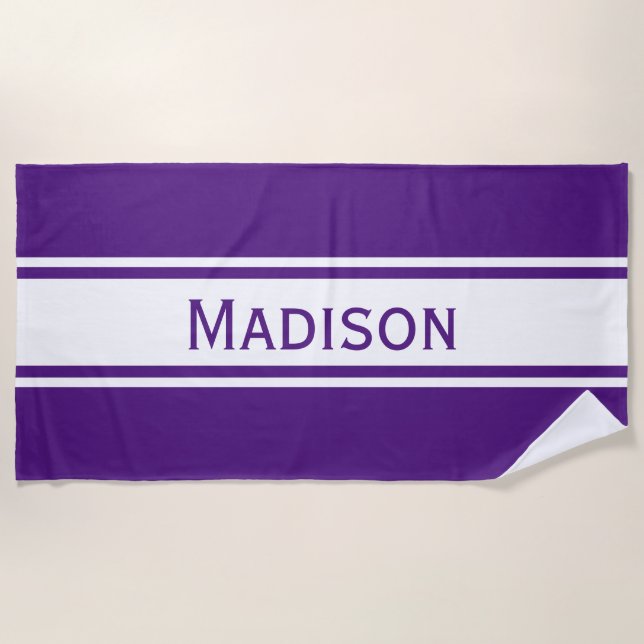 Solid Purple White Stripes Modern Name Beach Towel (Front)