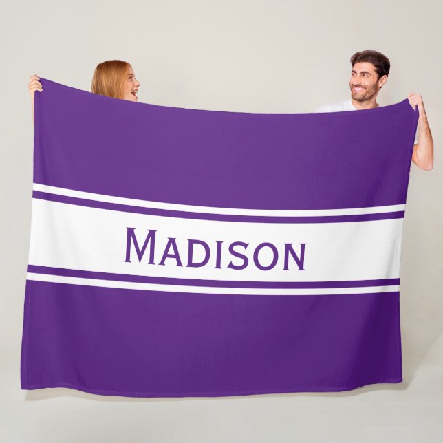 Solid Purple White Stripes Modern Name Fleece Blanket (In Situ)