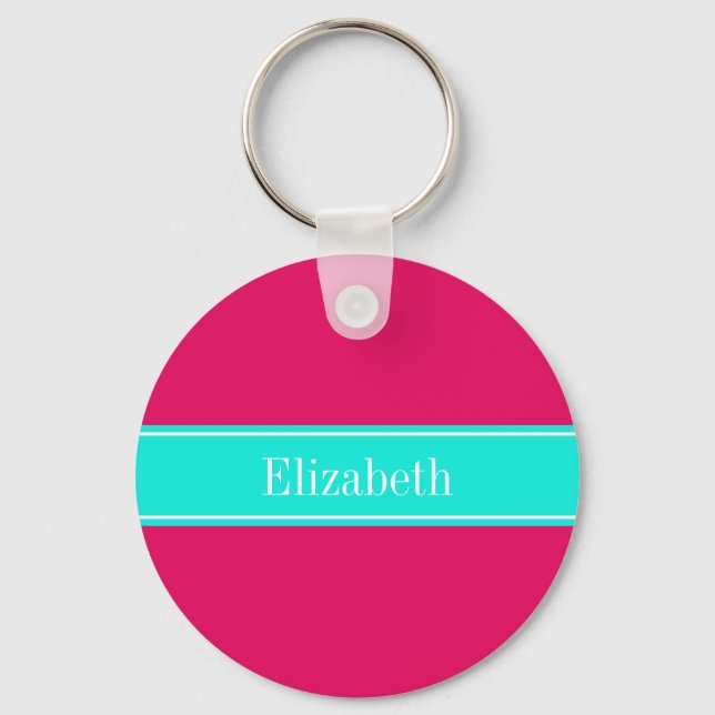 Solid Raspberry, Bright Aqua Ribbon Name Monogram Key Ring (Front)