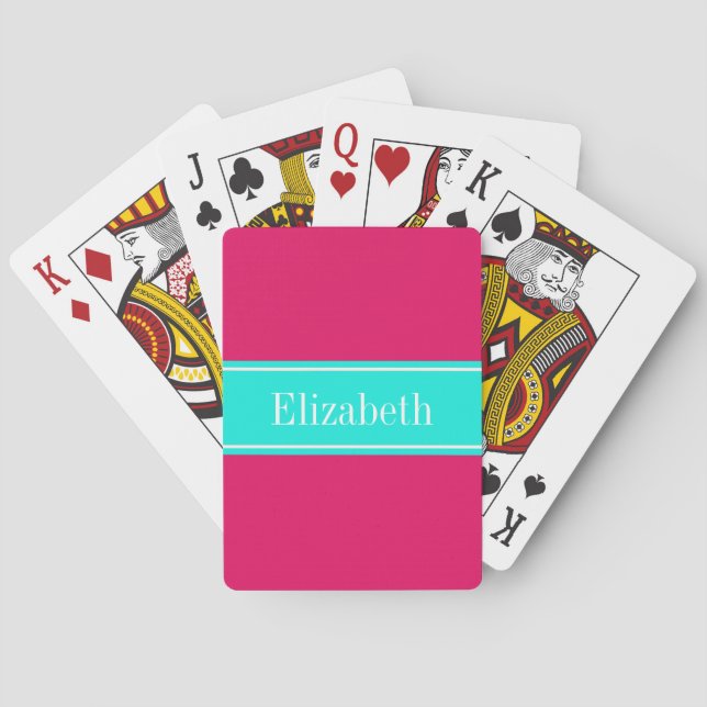 Solid Raspberry, Brt Aqua Ribbon Name Monogram Playing Cards (Back)