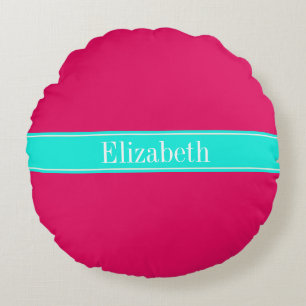Solid Raspberry, Brt Aqua Ribbon Name Monogram Round Cushion