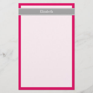Solid Raspberry, Dark Grey Ribbon Name Monogram Stationery
