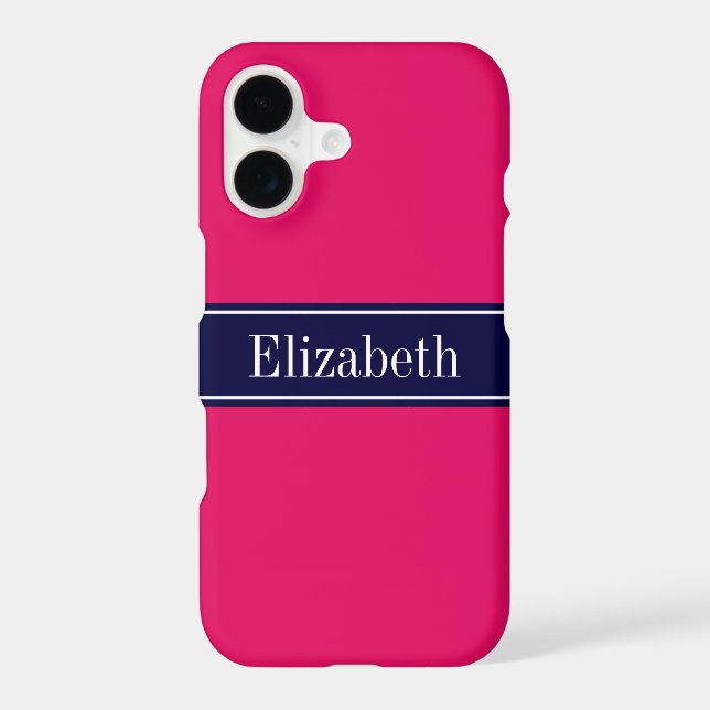 Solid Raspberry, Navy Blue Ribbon Name Monogram (Back)