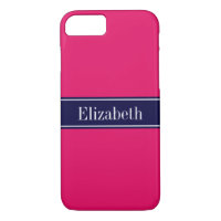 Solid Raspberry, Navy Blue Ribbon Name Monogram