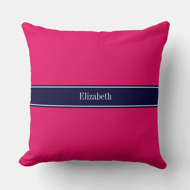 Solid Raspberry, Navy Blue Ribbon Name Monogram Cushion (Front)