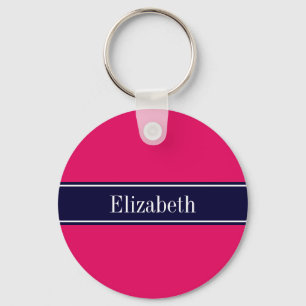 Solid Raspberry, Navy Blue Ribbon Name Monogram Key Ring
