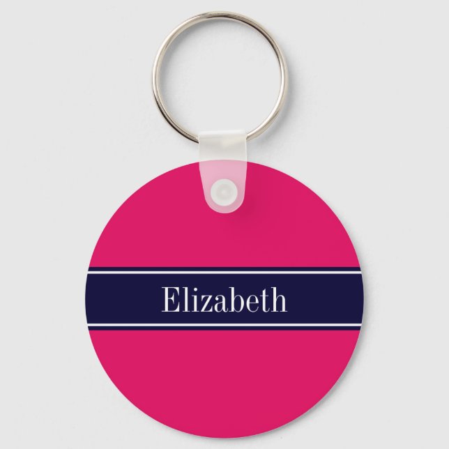 Solid Raspberry, Navy Blue Ribbon Name Monogram Key Ring (Front)