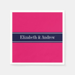 Solid Raspberry, Navy Blue Ribbon Name Monogram Napkin