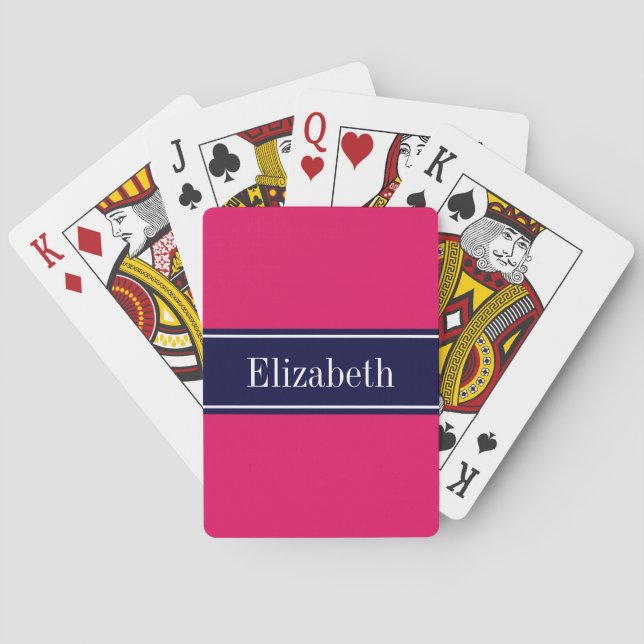 Solid Raspberry, Navy Blue Ribbon Name Monogram Playing Cards (Back)