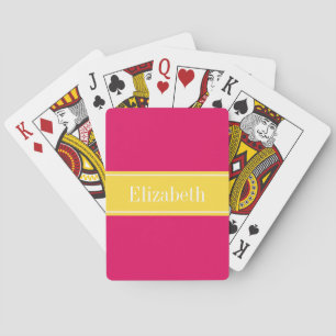 Solid Raspberry, Pineapple Ribbon Name Monogram Playing Cards