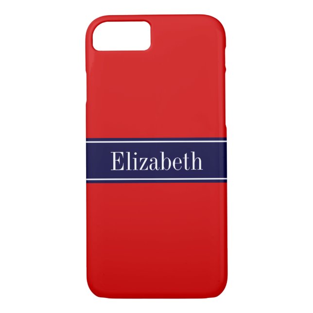 Solid Red, Navy Blue Ribbon Name Monogram Case-Mate iPhone Case (Back)