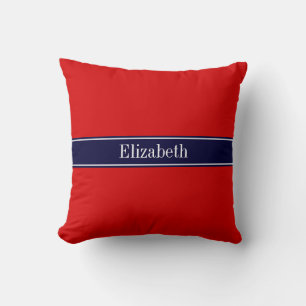 Solid Red, Navy Blue Ribbon Name Monogram Cushion