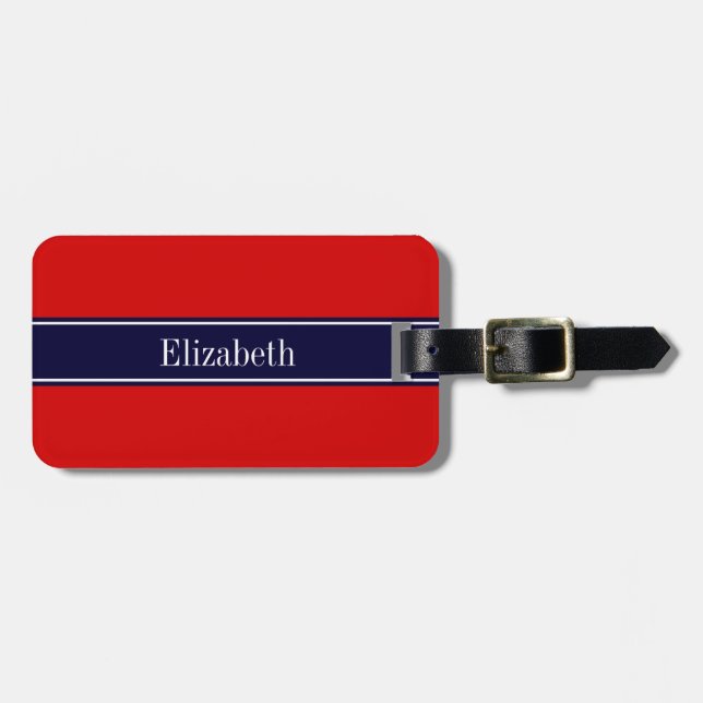 Solid Red, Navy Blue Ribbon Name Monogram Luggage Tag (Front Horizontal)
