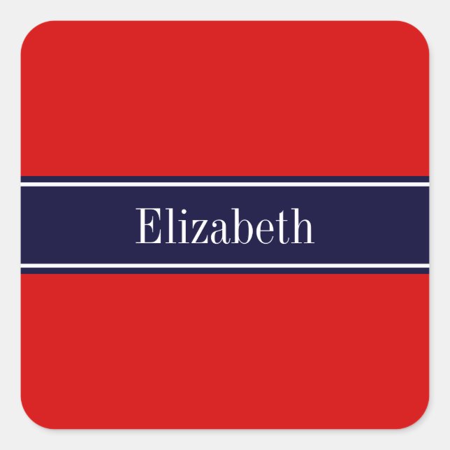 Solid Red, Navy Blue Ribbon Name Monogram Square Sticker (Front)