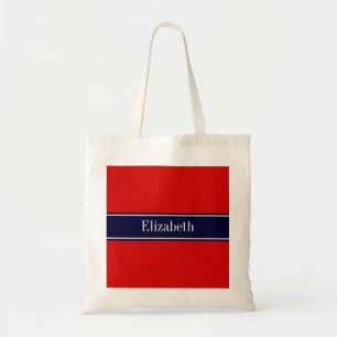 Solid Red, Navy Blue Ribbon Name Monogram Tote Bag